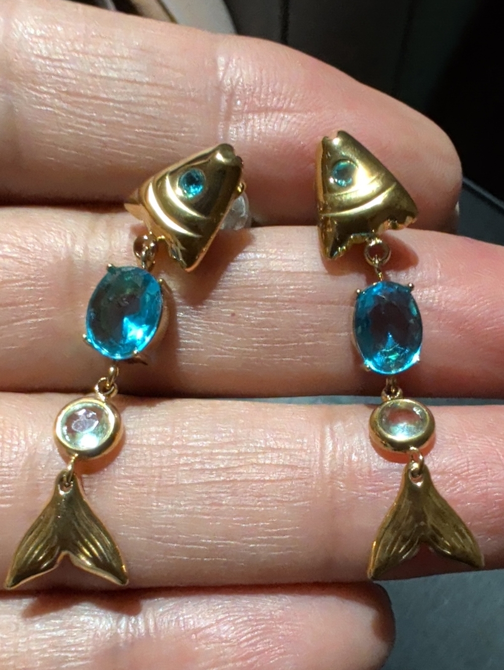 Gold-Over .925 Silver Fish Mermaid Tail Drop Earrings with Blue Gemstones
